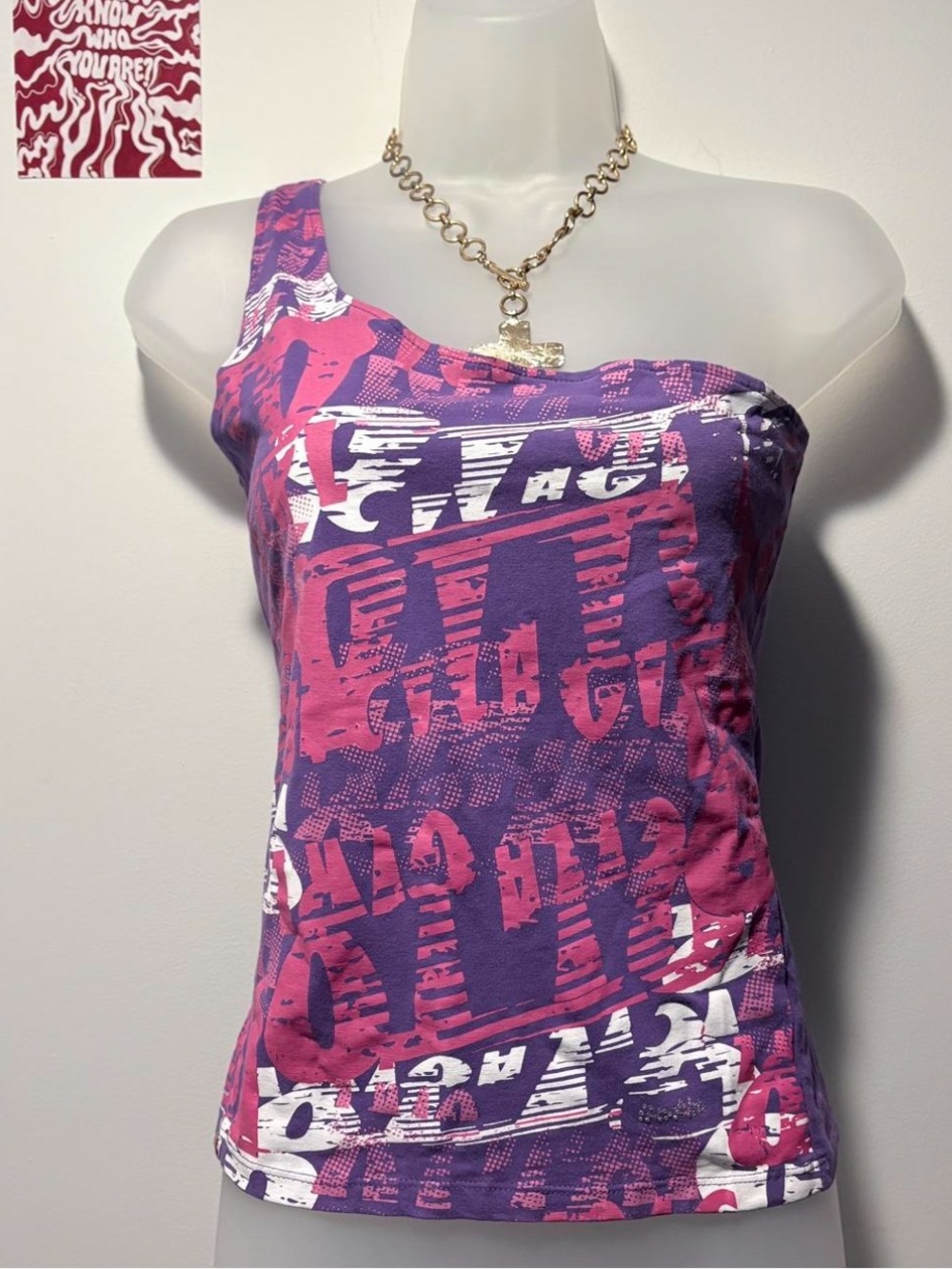 Y2K One-Shoulder Graphic Tank Top - Purple/Pink